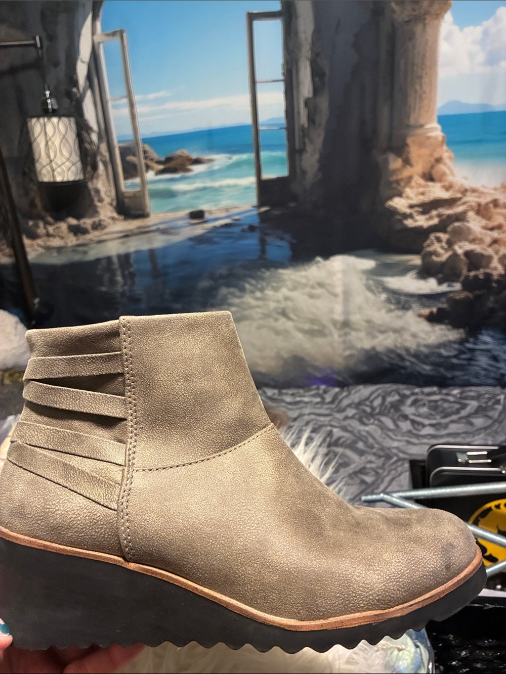 #551|(7W)Life Stride Taupe Suede-Look Wedge Ankle Boot 👢 zippers. Shock absorpti